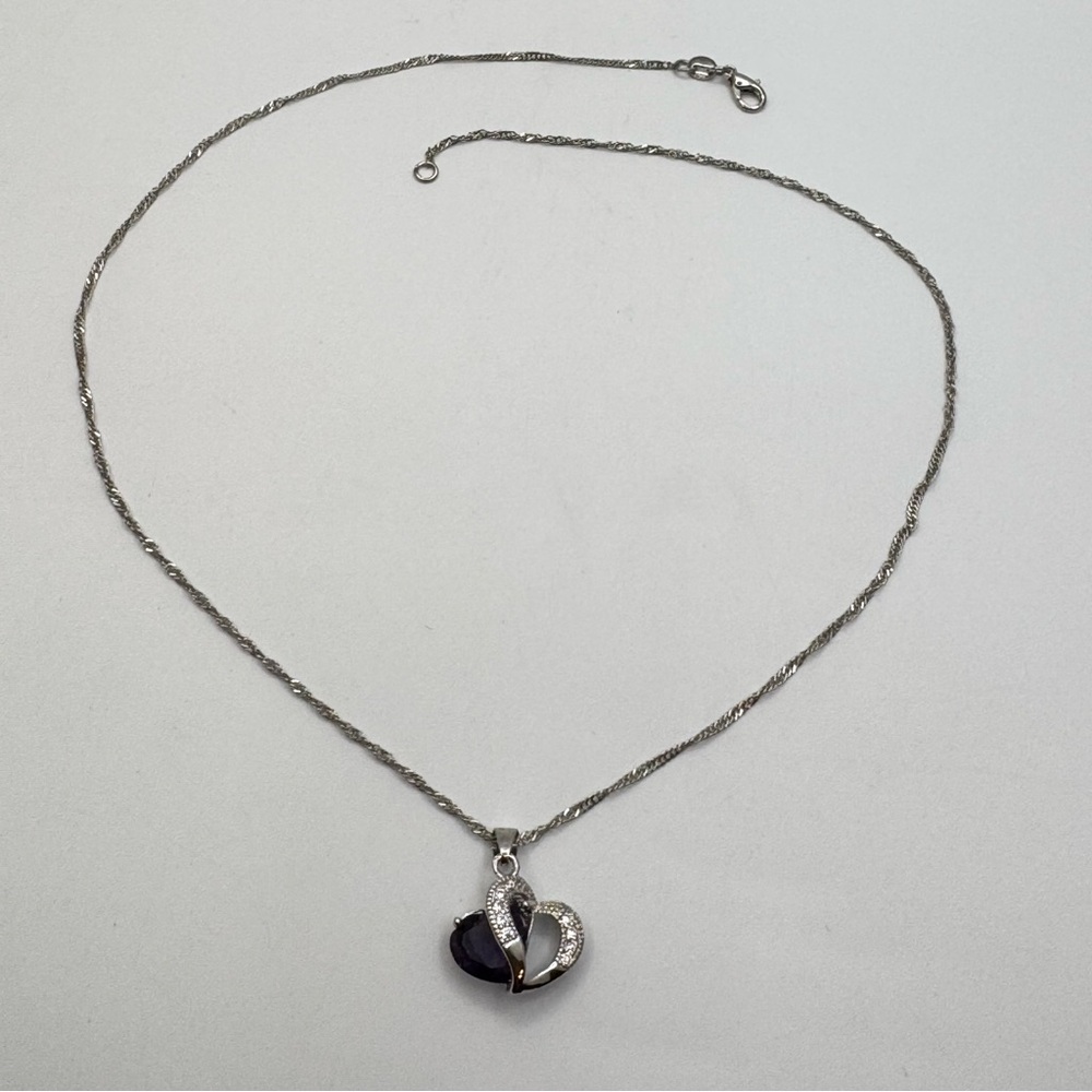 New Amethyst Purple CZ Heart Pendant Necklace Silver Romantic Statement